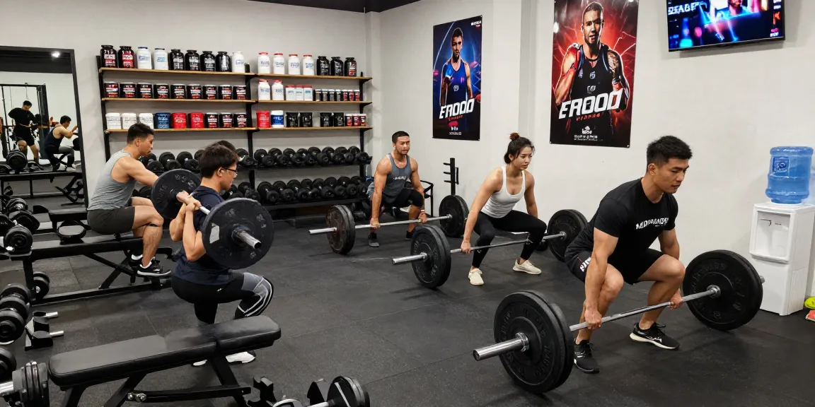 Aktive Sportler im Global Pharma Steroid Shop während des Trainings im Fitnessstudio, umgeben von Geräten und positiven Motivationspostern.