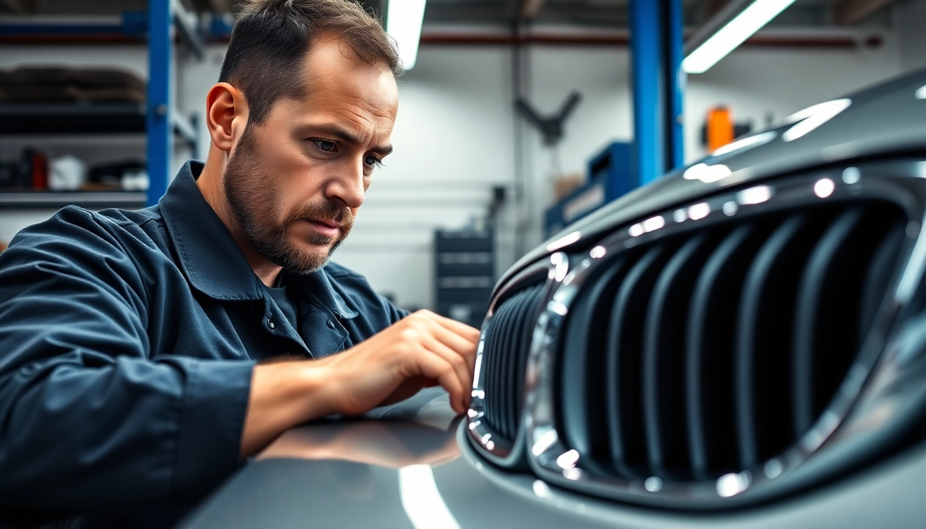BMW Spezialist bei der Arbeit an einem eleganten BMW-Modell in einer modernen Werkstatt