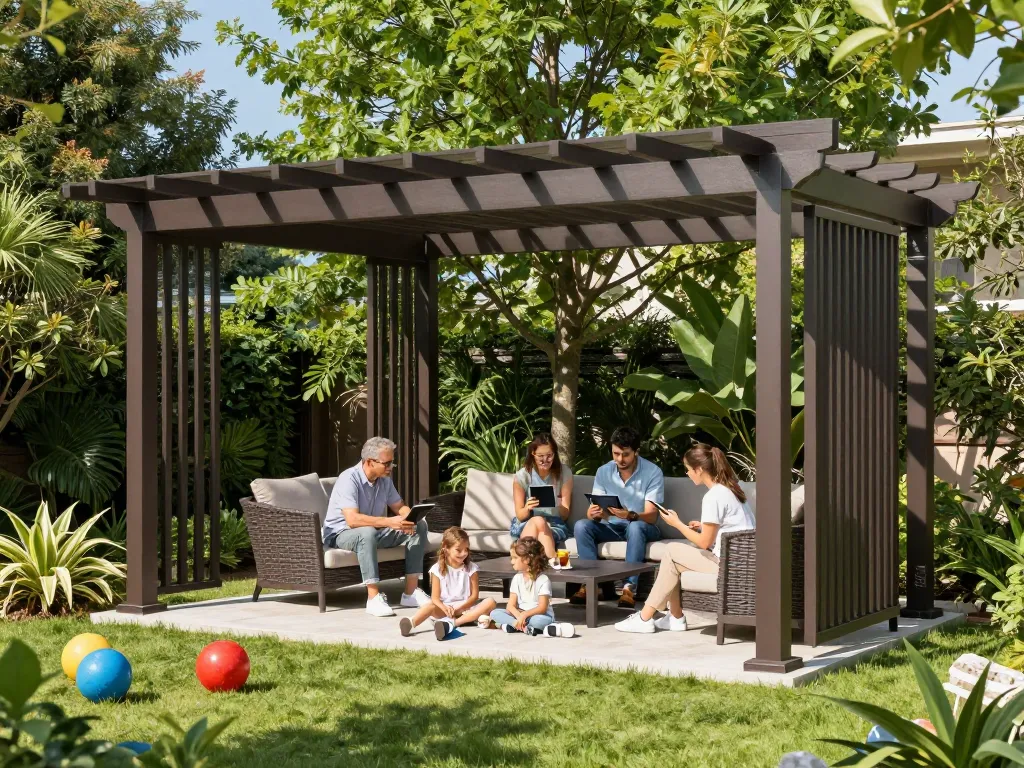 Interaktive 3D-Visualisierung einer Pergola in einer üppigen Gartenlandschaft, Familie interagiert um ein maßgeschneidertes Design.