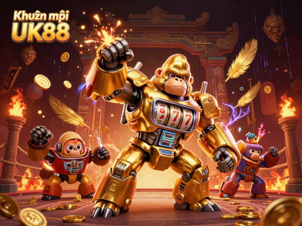 Engage with Khuyến mãi UK88 in a vibrant 3D casino scene featuring a golden gorilla mech and exciting game elements.