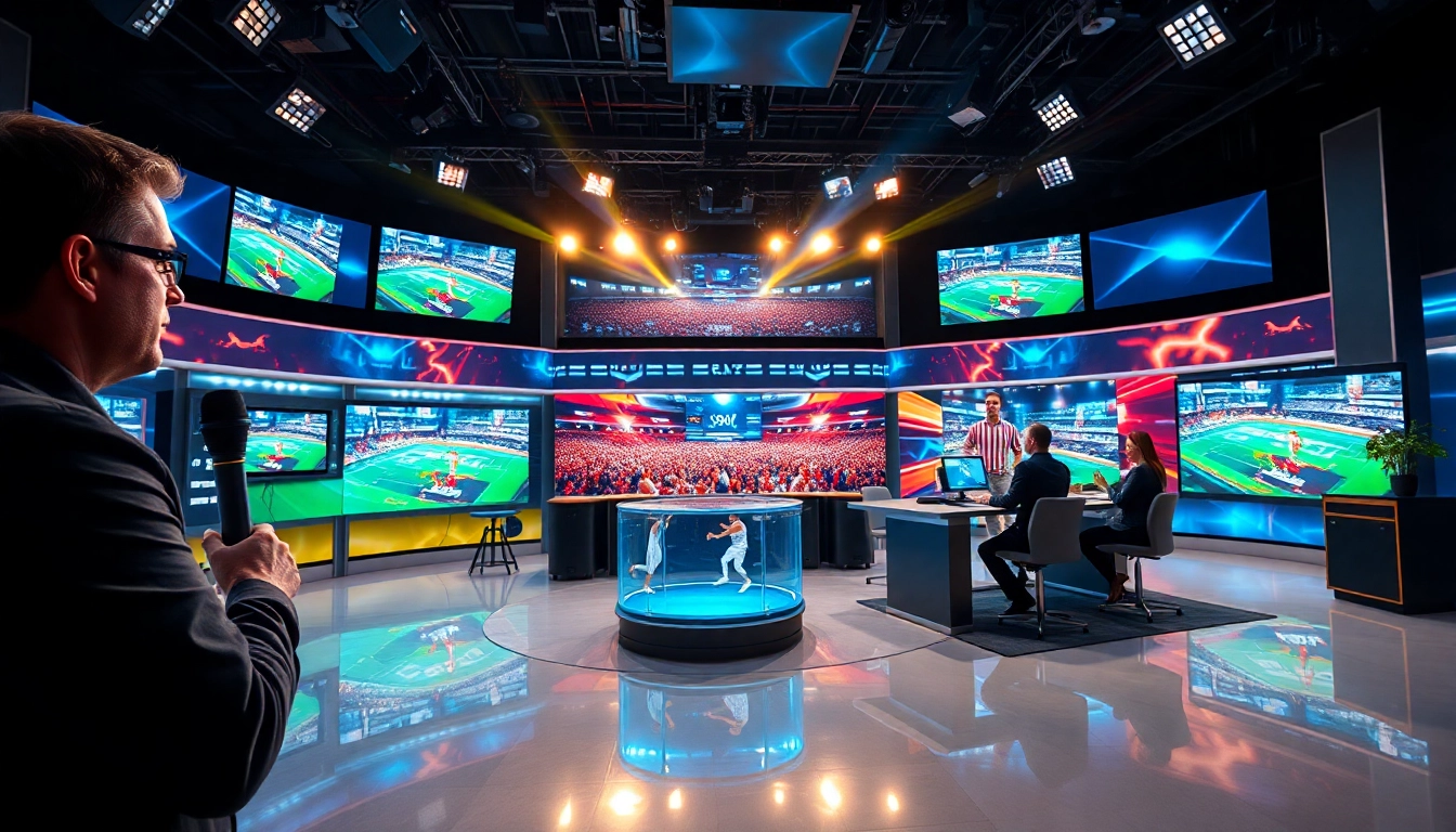 Engaging scene of sports broadcasting with hosts and live events prominently featured.