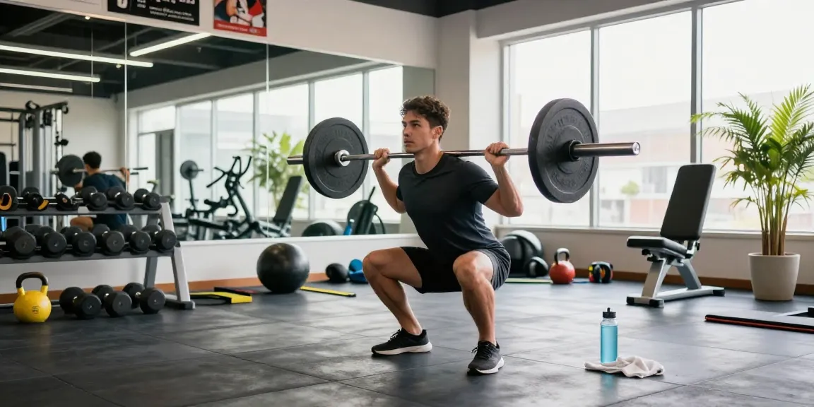 Aktiver Sportler im Astera Shop Fitnessstudio, der mit Langhantel Squats macht, umgeben von hochwertigen Fitnessgeräten und motivierenden Postern an den Wänden.