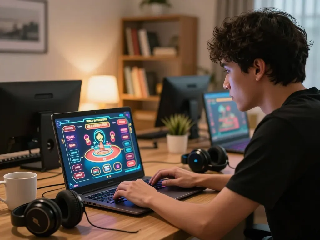 Person immersed in online gaming at Nhà cái F168, interacting with dynamic casino visuals.