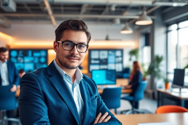 Headhunter IT im Gespräch mit einem Kandidaten in einem modernen Büro, professionell und motivierend.