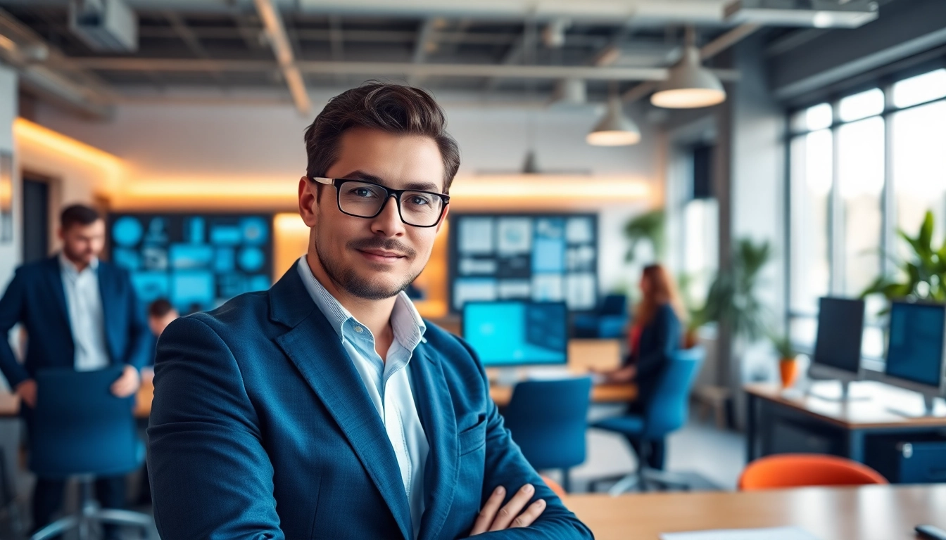 Headhunter IT im Gespräch mit einem Kandidaten in einem modernen Büro, professionell und motivierend.