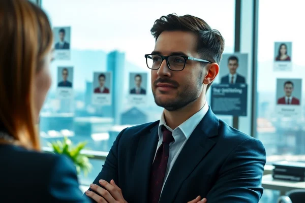Headhunter Schweiz berät Klienten in einem modernen Büro mit Skyline im Hintergrund.