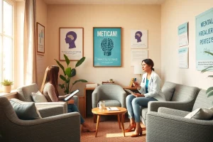 Mental health awareness session in a cozy therapy office with supportive elements.