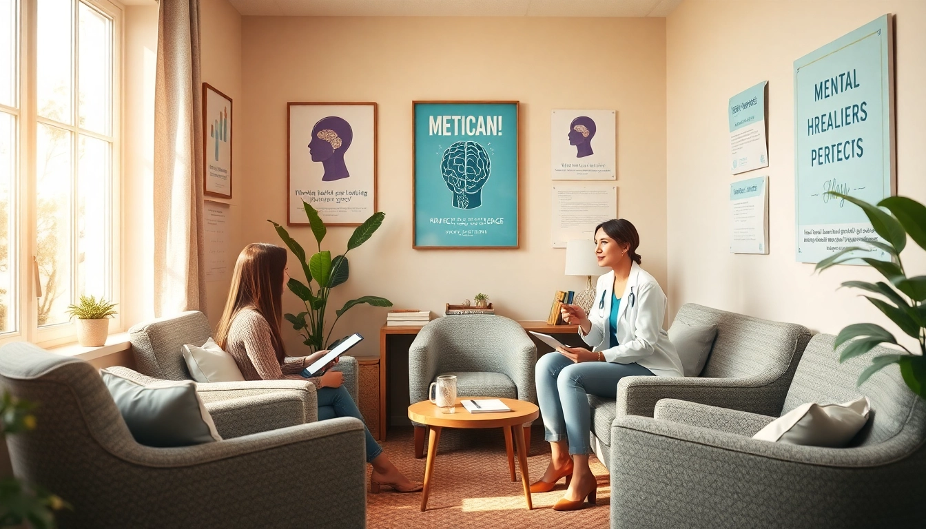 Mental health awareness session in a cozy therapy office with supportive elements.