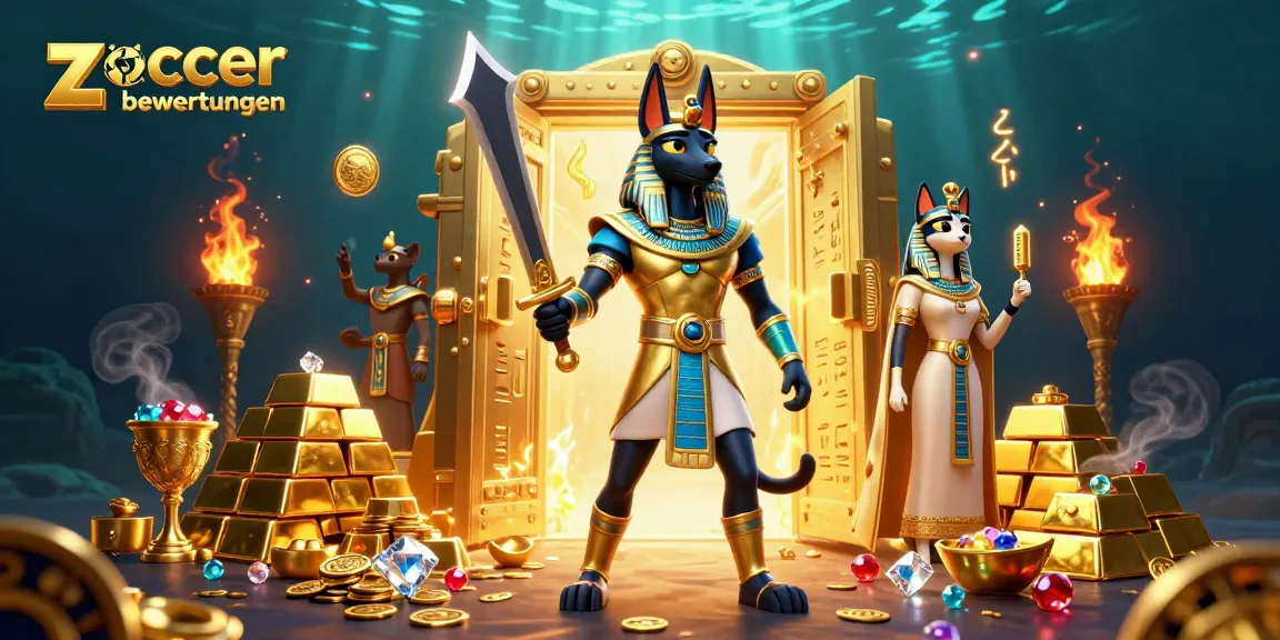 Engage with zoccer casino bewertungen through a vibrant illustration featuring ancient Egyptian themes and gold treasures.