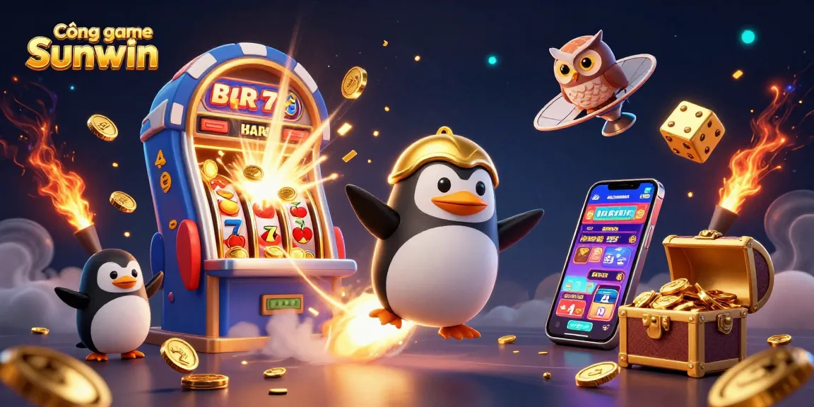 Experience the excitement at Cổng game Sunwin with a vibrant casino-themed 3D illustration featuring engaging gaming elements.