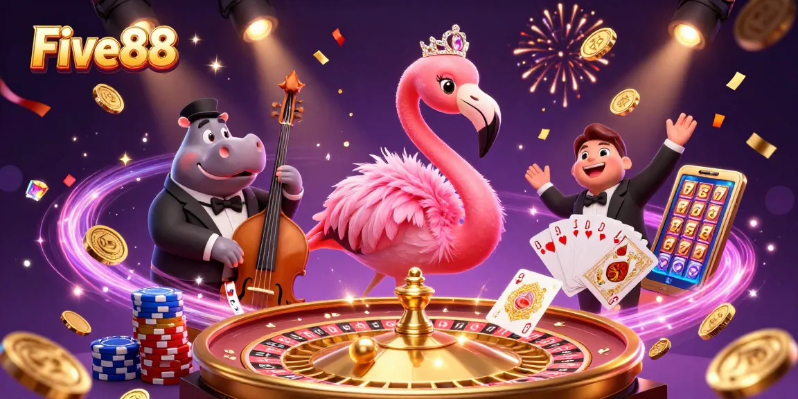 Experience the excitement of Five88 with vibrant casino-themed 3D illustration featuring dynamic characters and game elements.